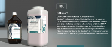 CAD/CAM Kunststoff, Autopolymerisat. Kunststoff zur Wiederbefüllung von CAD/CAM Fräsronden im Dentallabor. reBlanX 1.000gfarblos Pulver